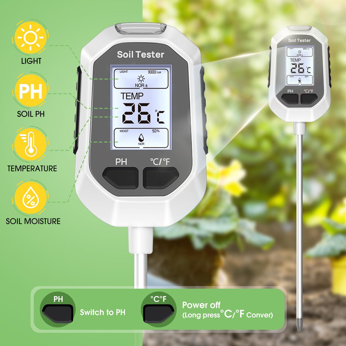 YAMRON 4-in-1 Soil Moisture Meter Digital Plant Temperature/Soil Moisture/pH Meter/Sunlight Intensity Backlight LCD Display Soil Test Meter for Gardening, Farming and Outdoor Plants