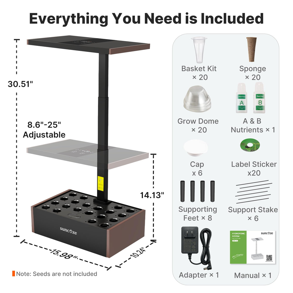 SUNCOZE Smart Hydroponics Growing System, 20 Pods, 25 in Adjustable Height