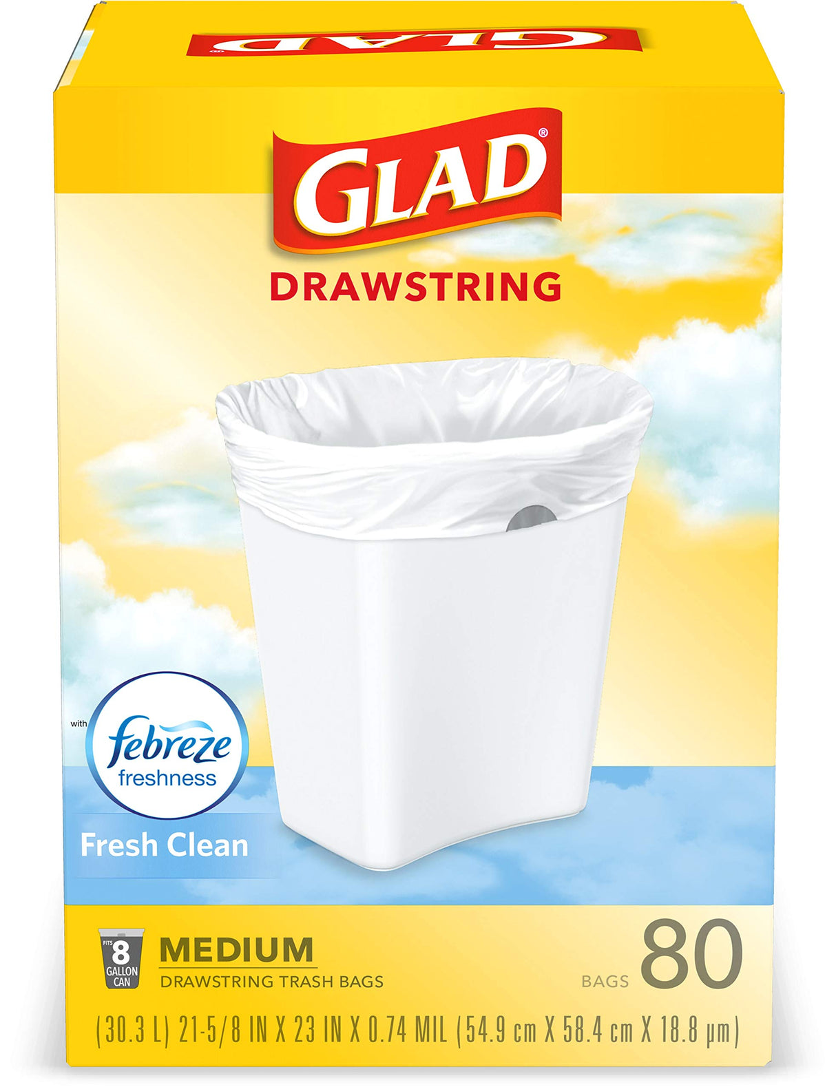 Glad Medium Kitchen Drawstring Trash Bags, 8 Gal, Fresh Clean Scent, 80 Ct (Package May Vary)