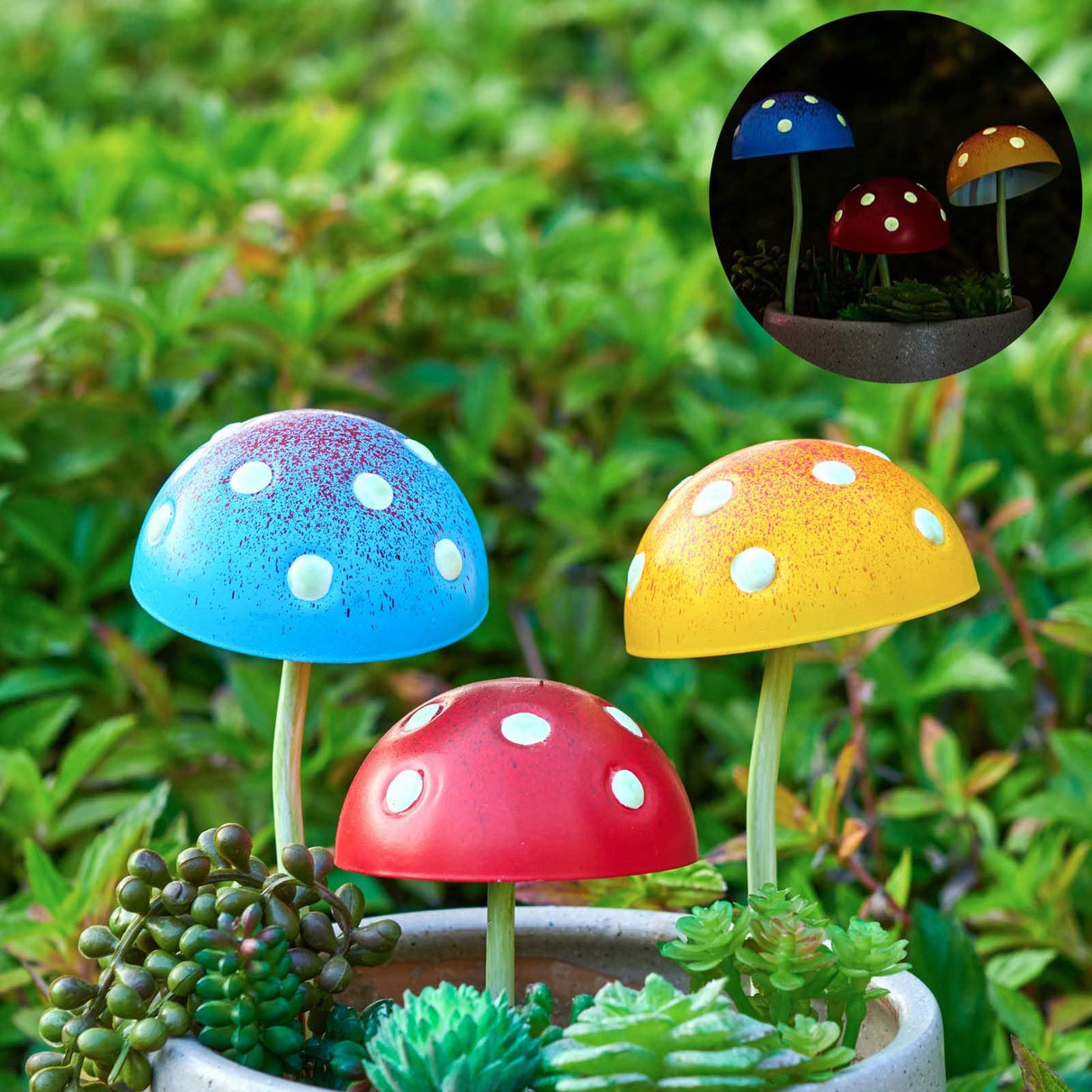 KIKTOP Mushroom Decor Fairy-Garden Outdoor Decor - Garden Decor Glow in The Dark Outdoor Spring Patio Shaking Head Yard Decoration 6 PCS Metal Mushroom Yard Stakes (Red2+Blue2+Yellow2)