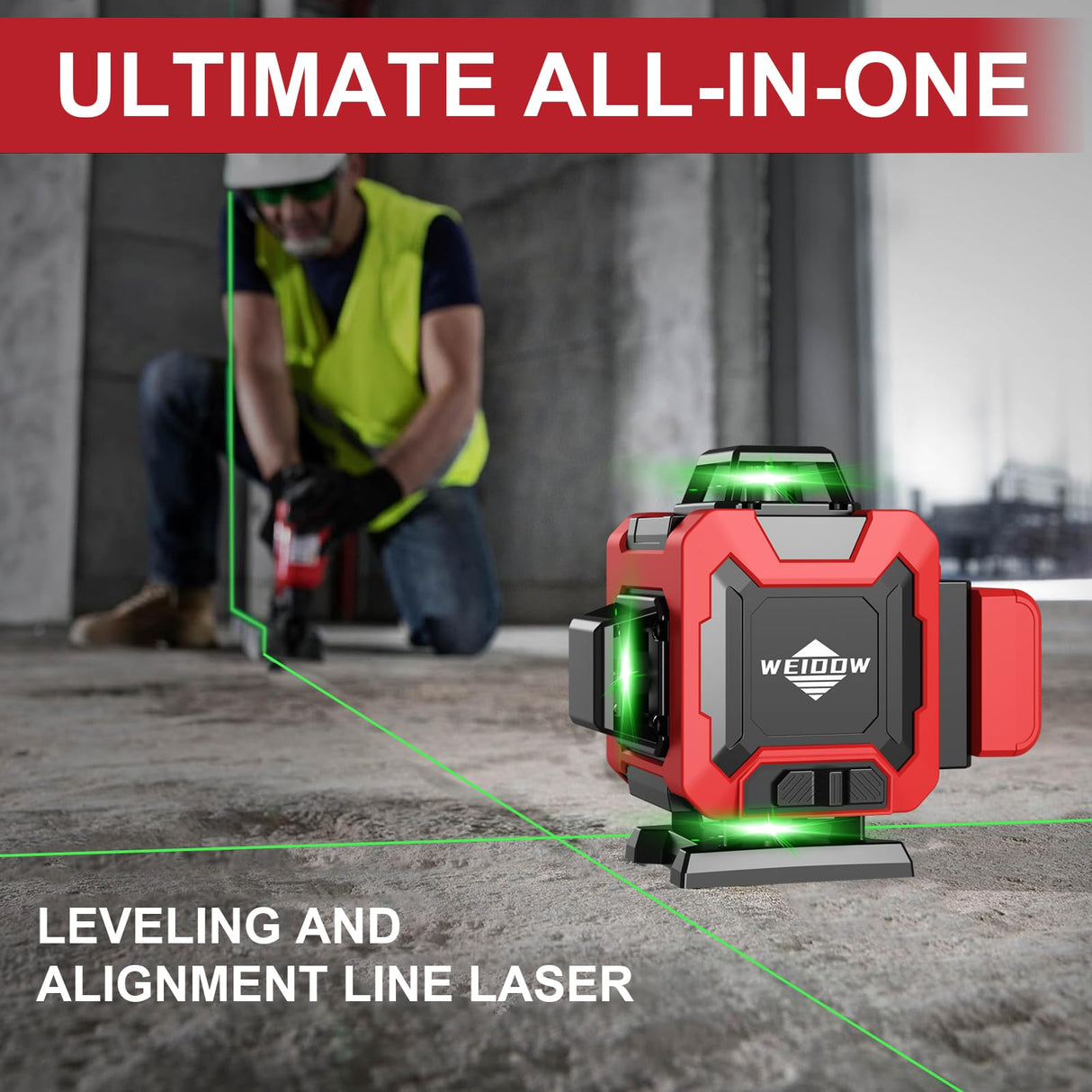 weiddw Laser Level with Tripod, Self Leveling Laser Level 4x360°, Green Line Laser 4D Laser Leveler Tool with 2Pcs Lithium Batteries for Picture Hanging, Tile, Home Renovation, Indoor
