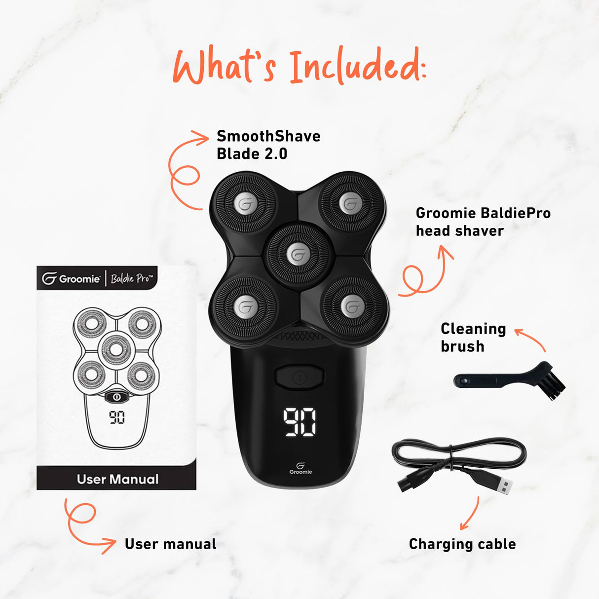 Groomie Cordless Bald Head Shavers for Men, BaldiePro Head Grooming Starter Kit - Includes Ergonomic BaldiePro Head Shaver, SmoothShave Blade 2.0, Cleaning Brush, Charging Cable & User Manual