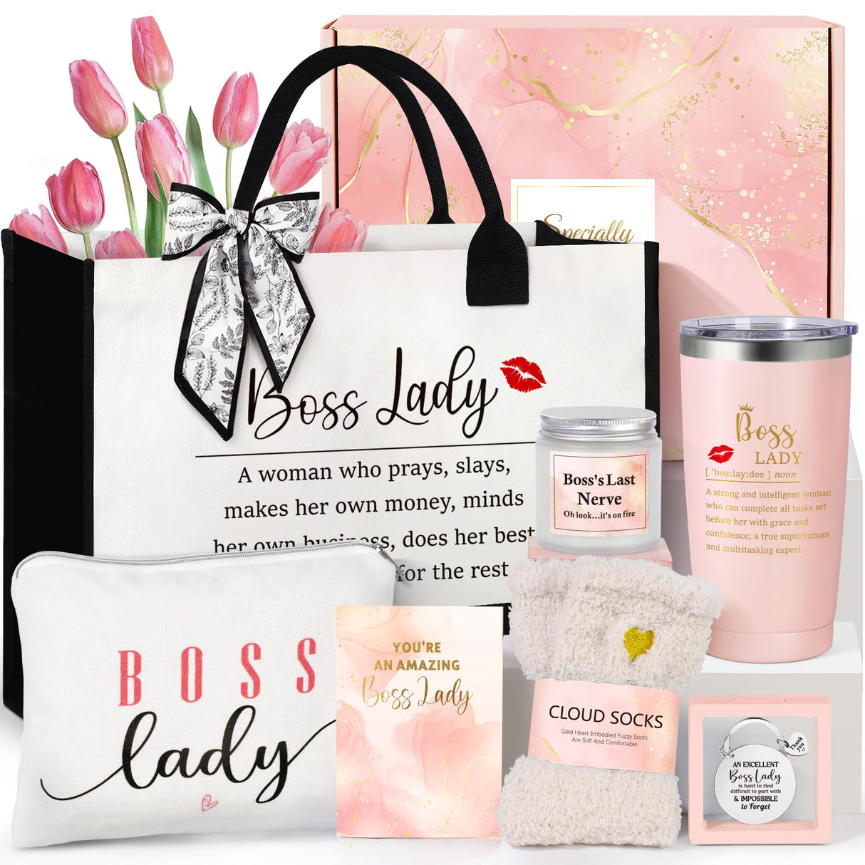 Boss Lady Gifts for Women, Best Boss Gift with Grocery Canvas Tote Bag, Funny Boss Christmas Box for Women, Cool Basket for Bosses Female, Office Appreciation Gifts for Birthday Boss's Day Pink