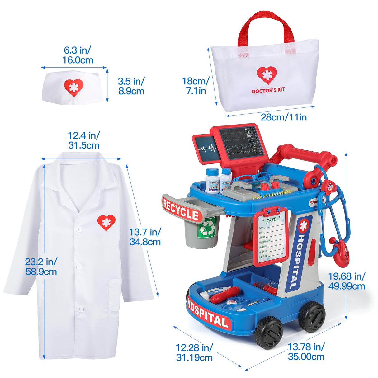 Phobby Doctor Kit for Toddlers 3 4 5, Kids Doctor Cart Play Set with Costume, Stethoscope and Medical Bag, Doctor Toy for Girls Boys Christmas Birthday Gift