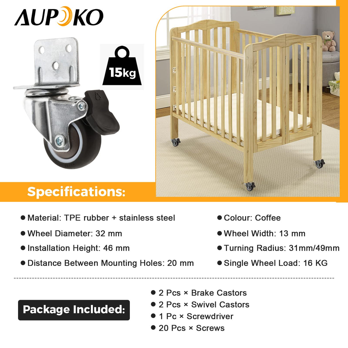 4Pcs Castors for Furniture, 32mm Swivel Castor 2 with Brakes + 2 without Brakes, L-Shaped Heavy Duty Castors Transport Castors with Screws and Screwdrivers for Furniture Cupboard Table Beach Chair