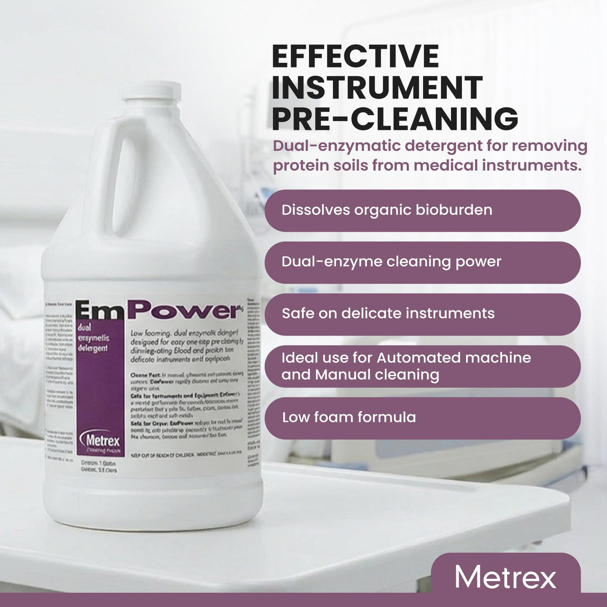 EmPower Dual-Enzymatic Detergent – Enzyme Cleaner for Medical Equipment & Surgical Tools, Low-Foaming Enzymatic Pre-Cleaner with Protease, Amylase & Lipase – Safe for Metal, Plastic & Glass (1 Gallon)