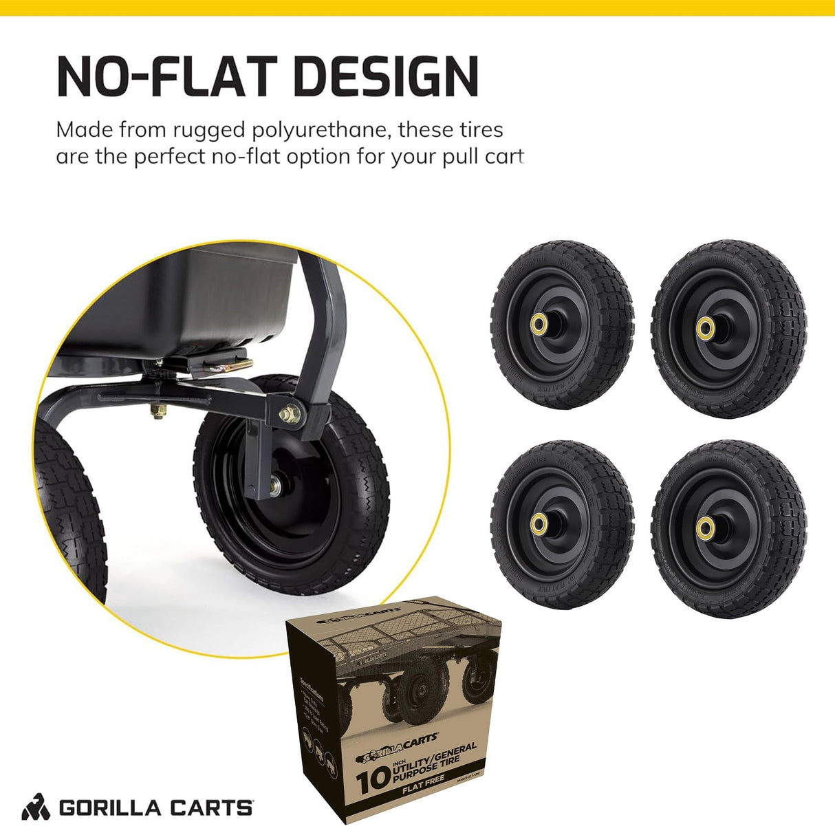 Gorilla Carts 4- Pack 10 Inch No-Flat Replacement Wheels, Heavy Duty Solid Tire - Airless Polyurethane Tires w/ 2.16” Hub, 5/8” Bore for Lawn & Garden Utility Cart and Hand Truck