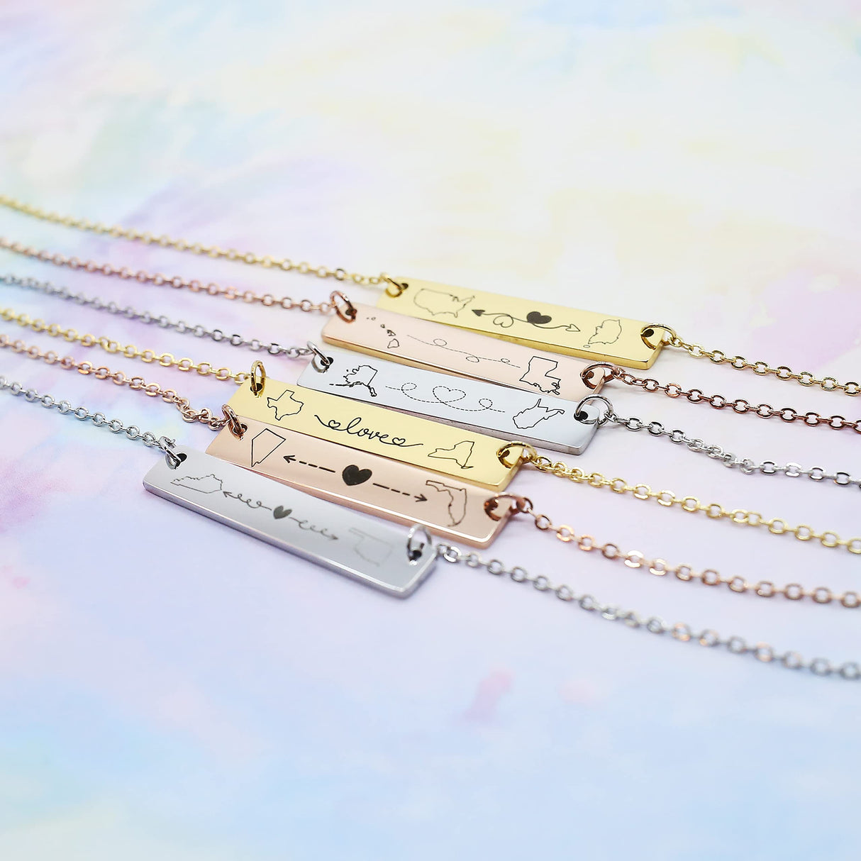 Personalized Long Distance Necklace Custom State Country Engraved Bar Pendant Stainless Steel Adjustable Cable Chain Jewelry for Couples Family Friends Deployment Relationship Keepsake