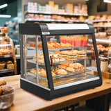 ROVSUN 26" Commercial Food Warmer Display Pizza Warmer, 3-Tier Electric Countertop Food Warmer w/LED Lighting, Adjustable Removable Shelves & Glass Door, Pretzel Warmer for Buffet Restaurant 1200W
