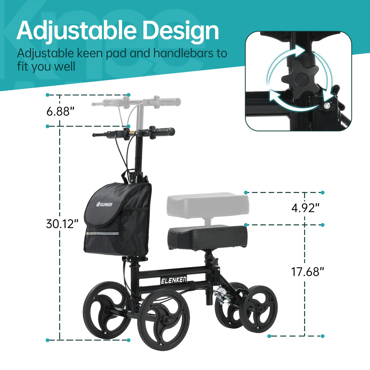 ELENKER Knee Scooter with Basket Dual Braking System for Ankle and Foot Injured Bright Black