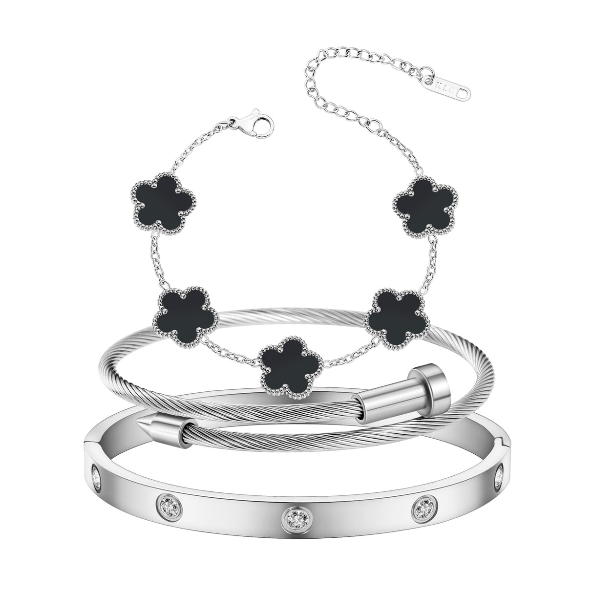 Jade cabbage Gold Bracelets for Women 18K Gold Plated Love Friendship Bracelet With Cubic Zirconia Cuff Bangle Jewelry Set Witness the Gift of Love (Silver 3pcs-B Medium 6.5")