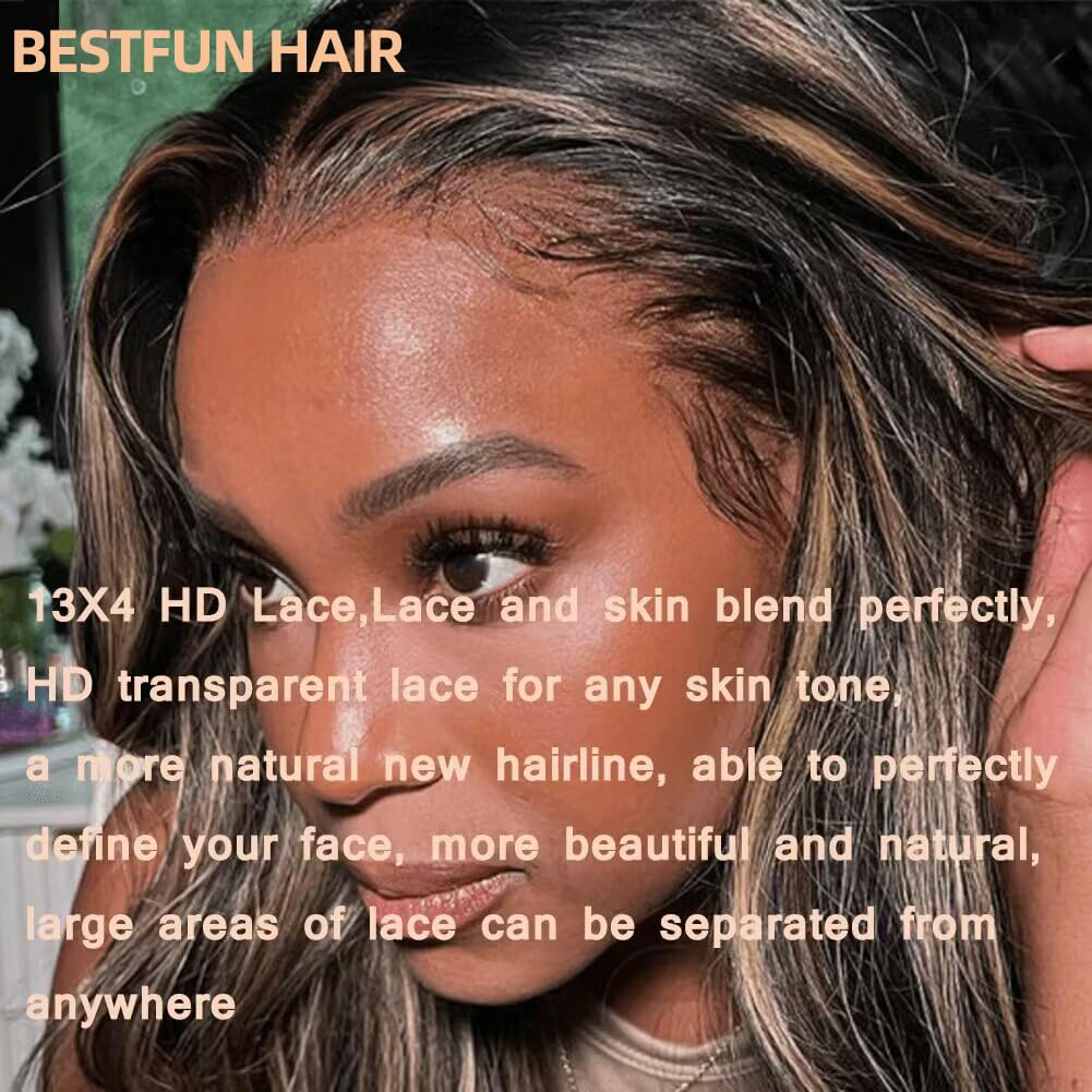 BestFun FB/27 Balayage Highlight Lace Front Wig Human Hair Pre Plucked 220% Density 24 Inch 13x4 HD Lace Brazilian Virgin Human Hair Body Wave Wig Ombre Glusless Wigs for Women Natural Hairline