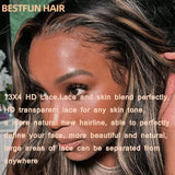 BestFun FB/27 Balayage Highlight Lace Front Wig Human Hair Pre Plucked 220% Density 24 Inch 13x4 HD Lace Brazilian Virgin Human Hair Body Wave Wig Ombre Glusless Wigs for Women Natural Hairline