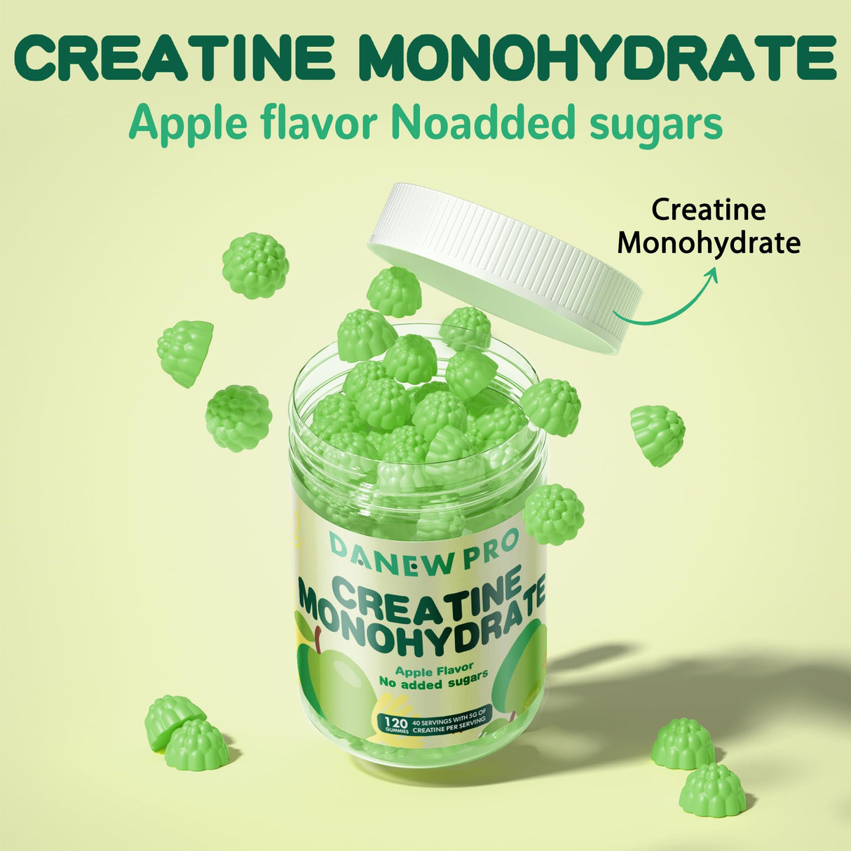 DANEW Pro Creatine Monohydrate Gummies 5000mg for Men & Women, Creatine Monohydrate for Muscle Strength, Muscle Builder, Energy Boost, Pre-Workout Supplement(120 Count)-Apple Flavor