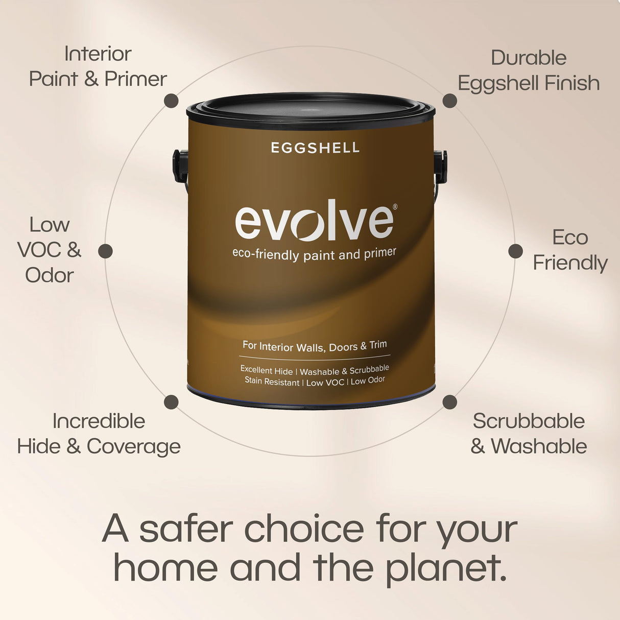 EVOLVE Interior Paint & Primer, Eggshell (Warm Gray), 5 Gallon – One-Coat Coverage, Excellent Hide, Low VOC, Low Odor, Washable Paint for Walls, Doors & Trim