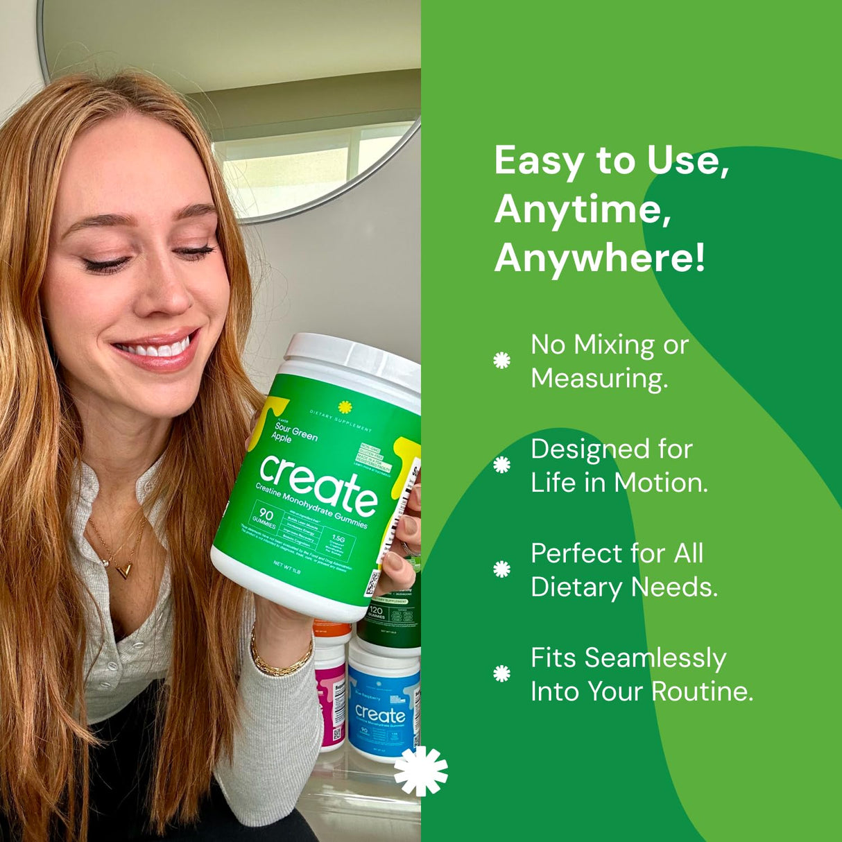 Creatine Monohydrate Gummies for Men & Women - Boost Focus, Strength, and Endurance, Anti-Melting Formula, Vegan, Gluten-Free, Non-GMO, 1.5 Gram Creatine per Gummy (Sour Green Apple, 90 ct)