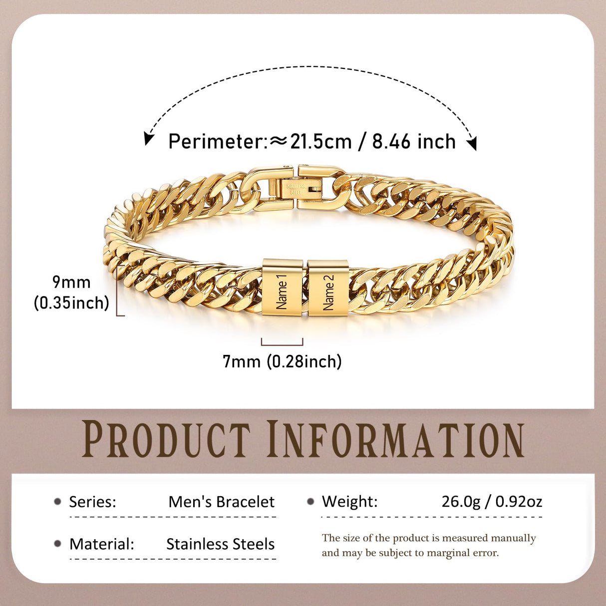 Personalized Cuban Link Bracelet for Men – Stainless Steel Custom Bracelet with Engraved Names Mens Bracelet Gifts for Birthday Anniversary Father’s Day Christmas (Gold-2 Names)