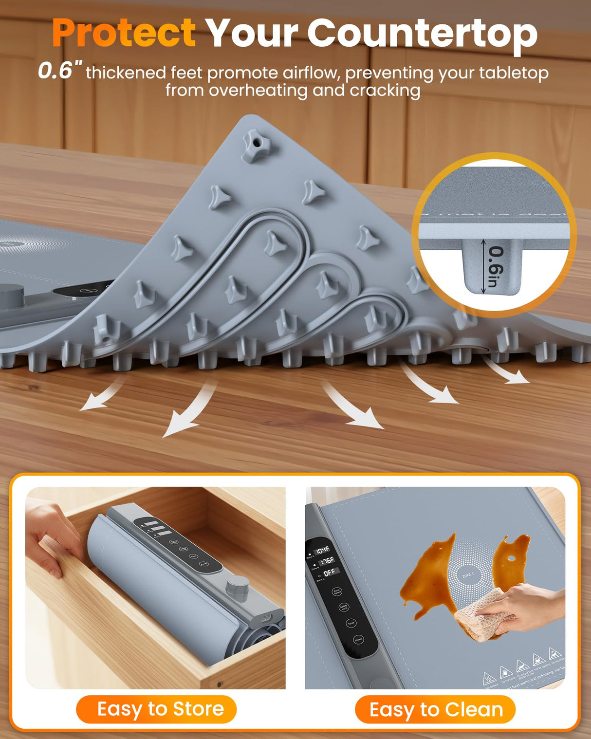 3-Zone Independent Warming Mat for Food 40"x17" XXL, Food Warming Mat with 17 Precise Temp Levels & 1–6H Timer, Heating Mat for Food, Silicone Roll-Up Food Warmer & Warming Tray for Party Buffets
