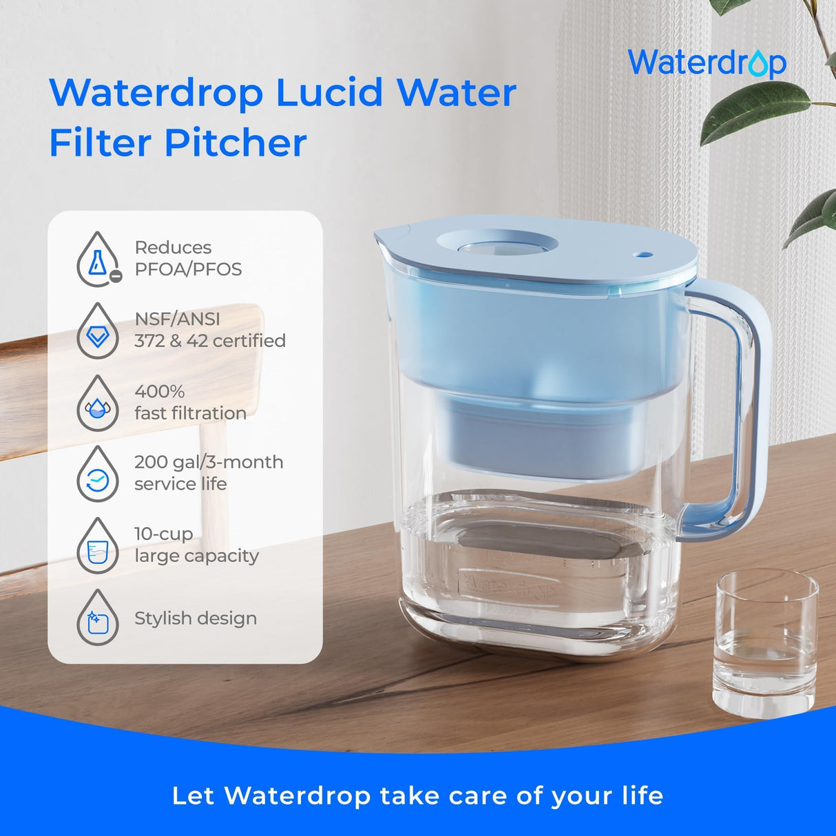 Waterdrop PT-07B Water Filter Pitcher with 3 Filters, 10-Cup, NSF Certified, 600-Gallon Long-Life, Improved Coffee & Tea Taste, Reduces PFOA/PFOS, Chlorine, 5X Longer Filter Life, Blue