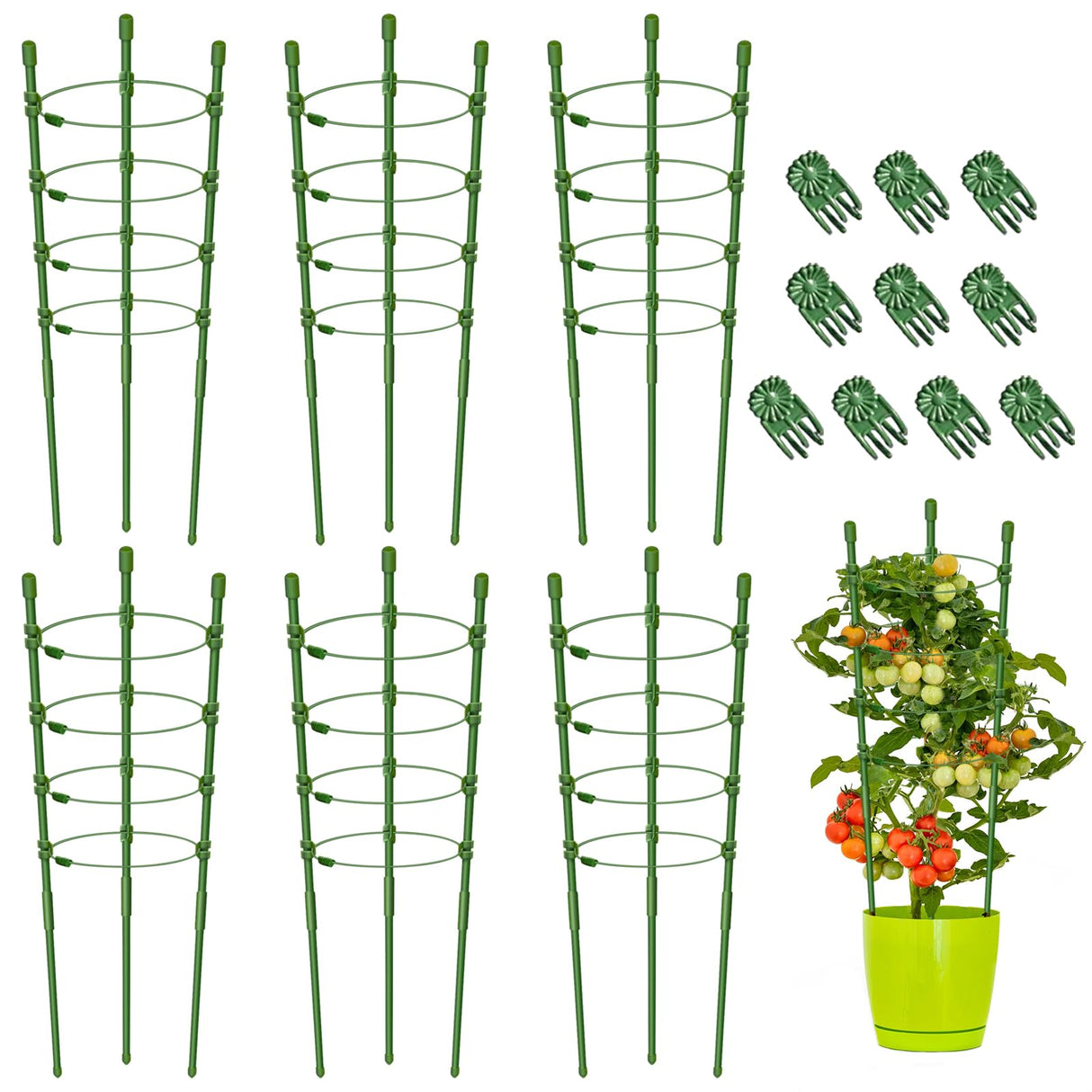 Legigo 6 Pack 30 Inch Plant Support Cages Tomato Cage for Garden- Plant Cages Adjustable Rings, Tomato Plant Support Stakes Trellis for Pots, Peppers, Cucumbers and Flowers with 10 Plant Clips