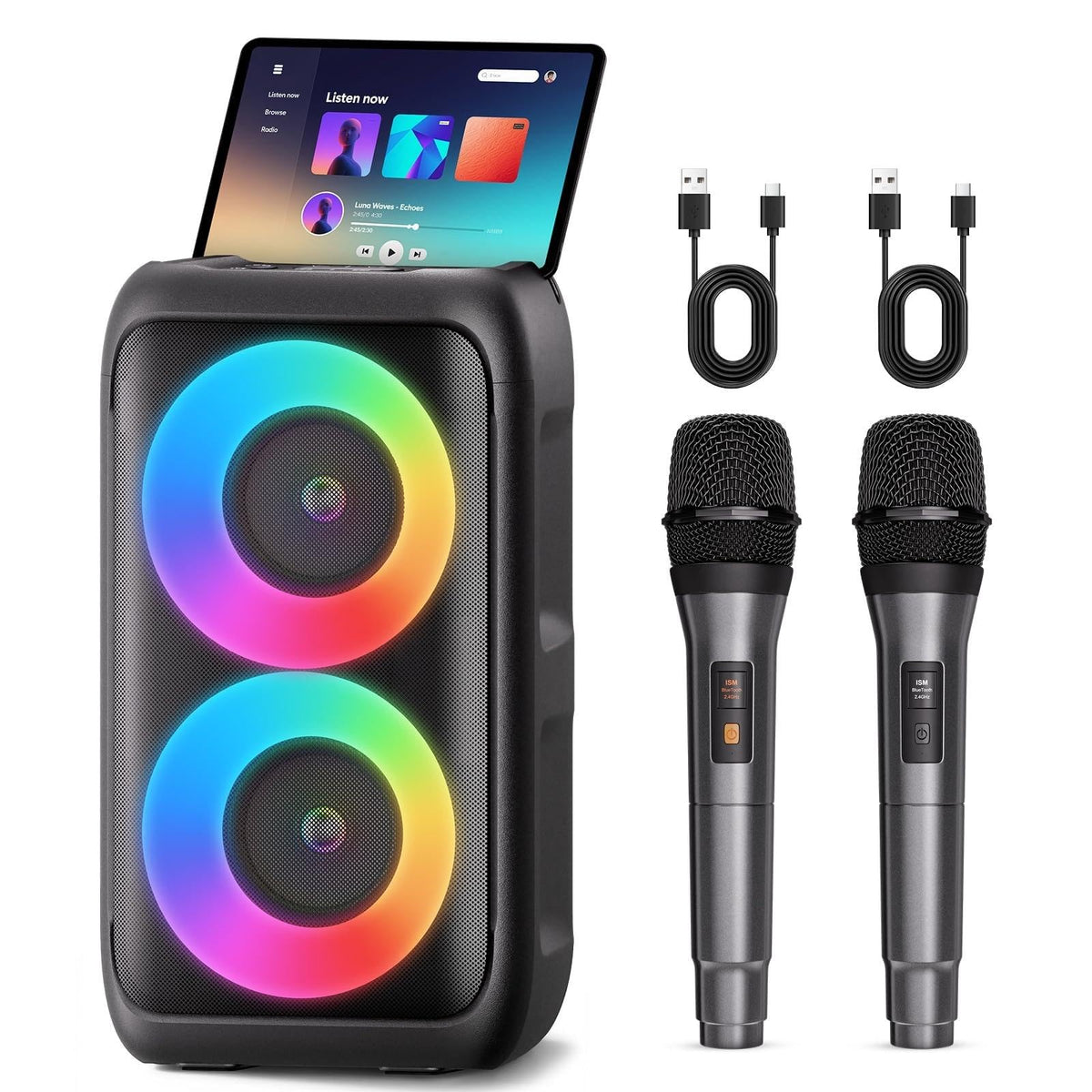 Bluetooth Speaker with 2 Wireless Microphones - Big Party Speaker for Adults Kids Karaoke with Lights - Portable Rechargeable Support TWS/AUX/USB/TF Card for Home Party Gift Floorstanding Speaker