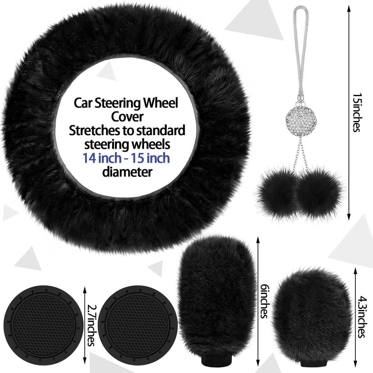 Fulmoon 17 Pcs Car Seat Cover Full Set for Women Fluffy Fuzzy Car Accessories Christmas Front Rear Steering Wheel Fleece Handbrake Shift Covers Hanging Accessory Holder Ring Emblem(Black)