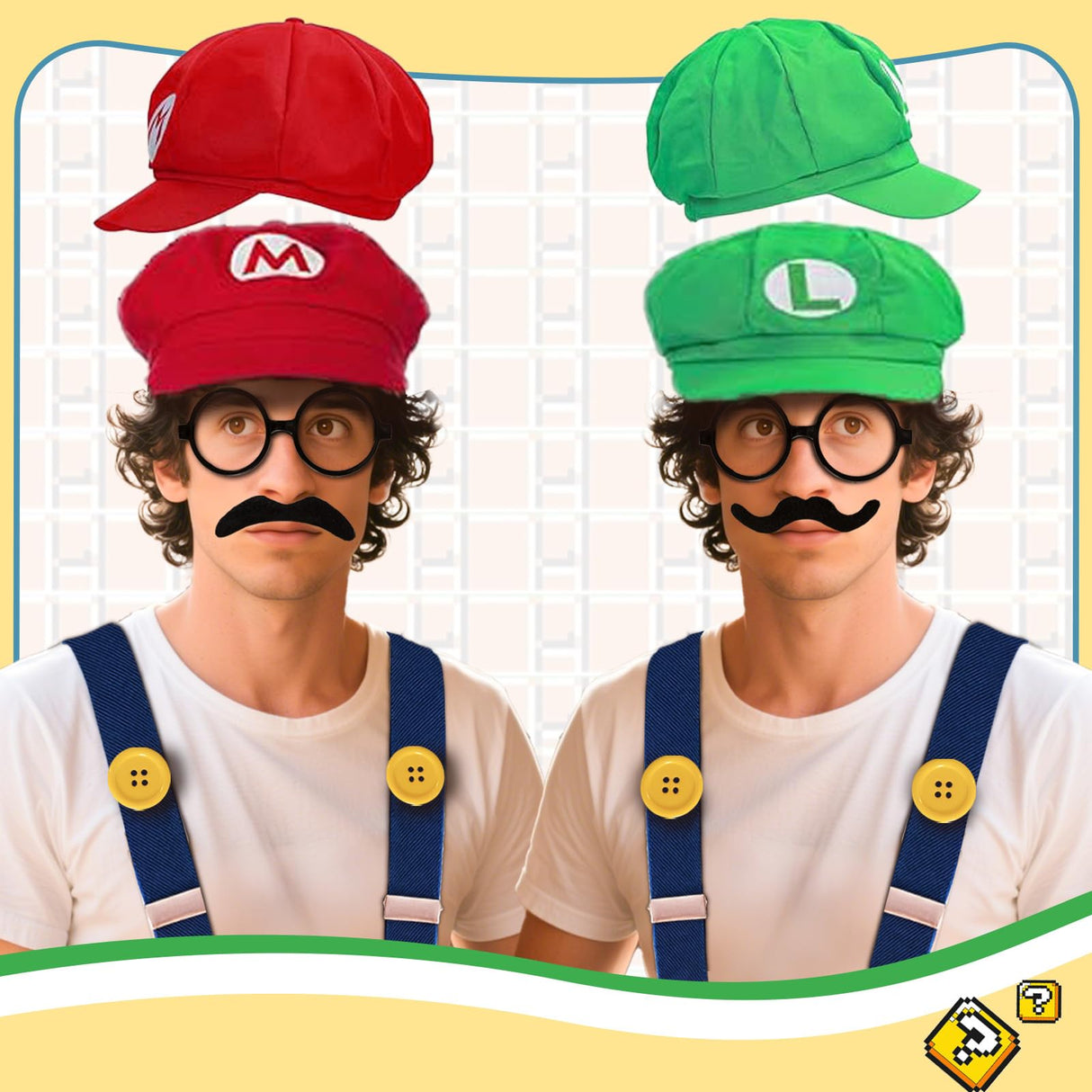 QRT Super Bros Costume Kit with Hat, Mustaches, Suspenders, Gloves Buttons ang Glasses frame for Halloween, Cosplay and Christmas (red&green)