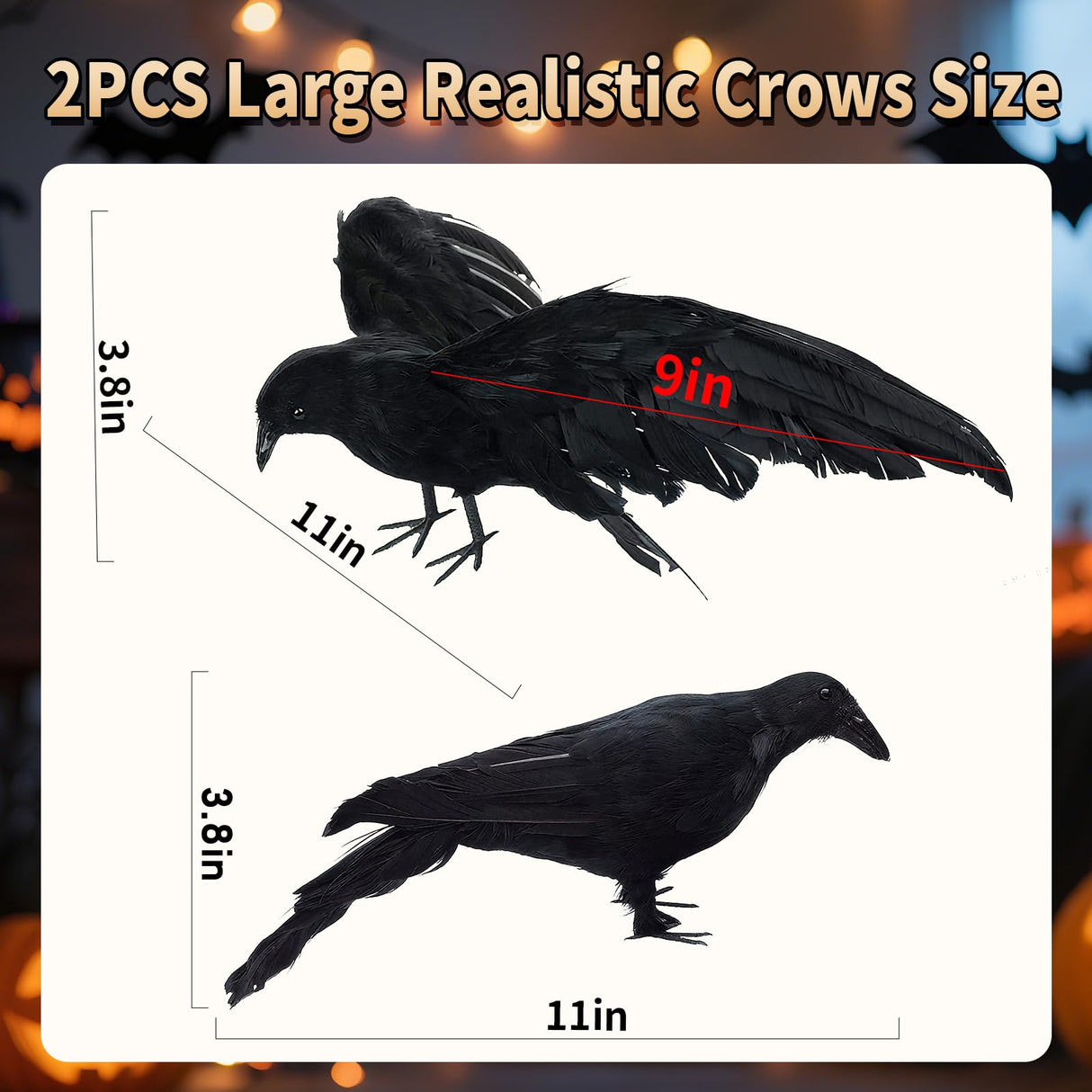 Black Fake Crows Halloween Decorations, Large Realistic Feather Black Crows