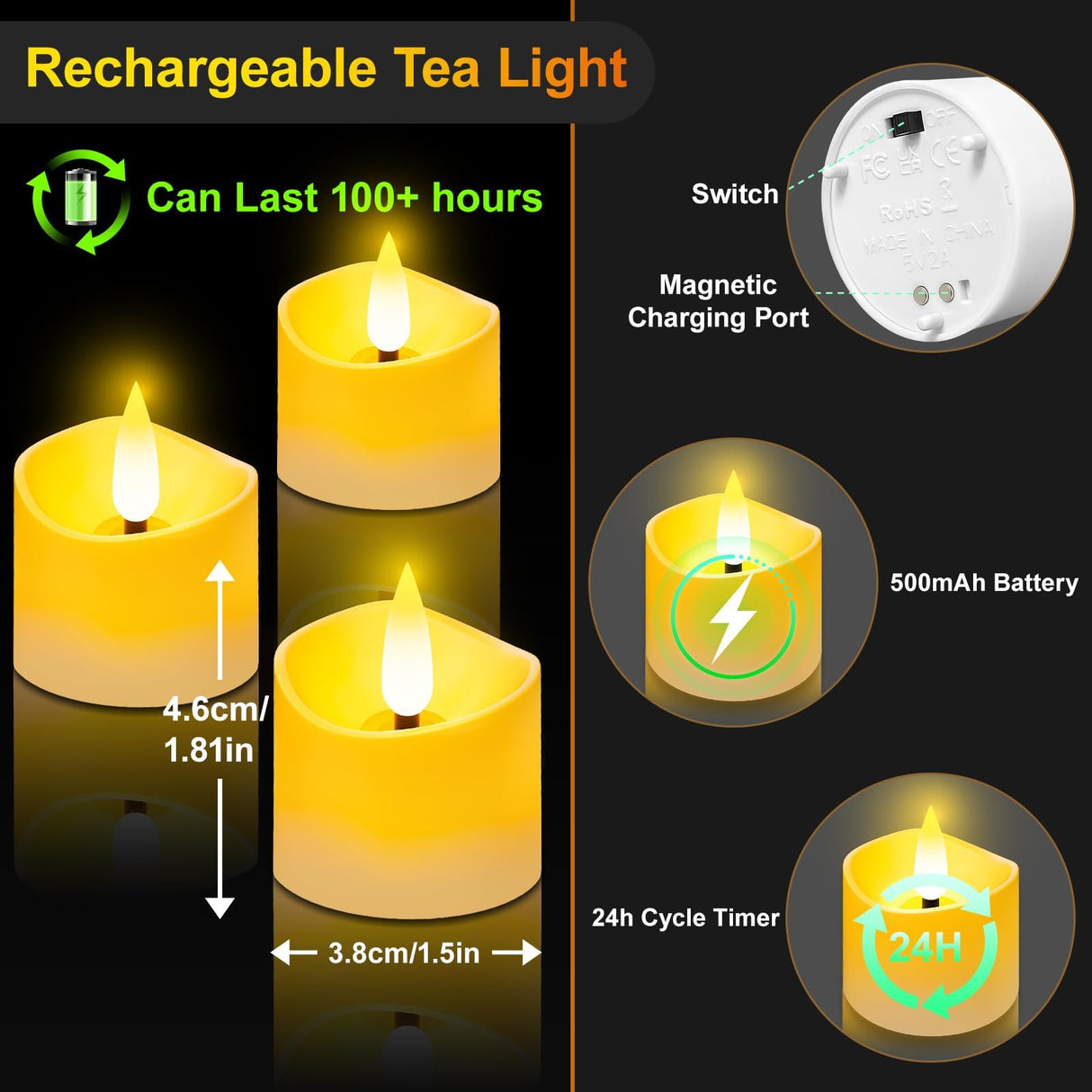 YiaMia 12 Pack Upgraded Rechargeable Tea Lights with Magnetic Wireless Charging Base, Flameless LED Candles with Remote and Timer, 100+H Battery Operated Candles for Votive Wedding Halloween Christmas