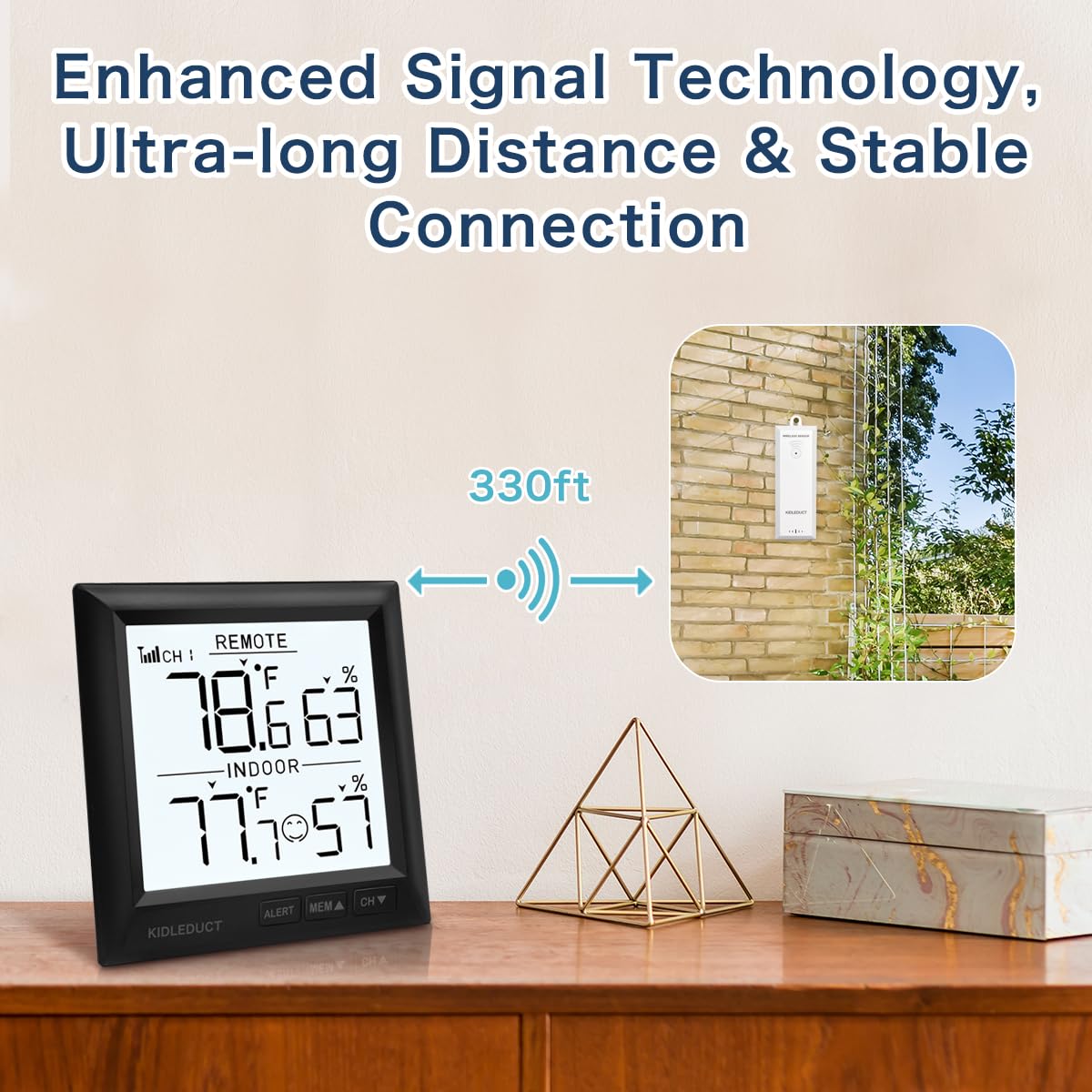 KIDLEDUCT Indoor Outdoor Thermometer Wireless Battery Powered, High Precision Inside Outside Humidity Temperature with Alert, Backlight Weather Thermometers with 1 Sensor, 330ft Wireless, Black