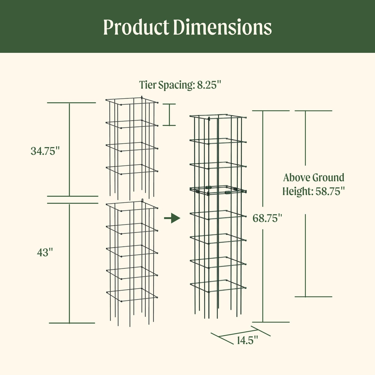Vego Garden 2 Pack Tomato Cage 14.5"x 58" Square for Garden & Pots, Rust-Resistant Tomato Stackable Heavy Gauge Plant Cage Trellis Support for Climbing Vegetables Plants