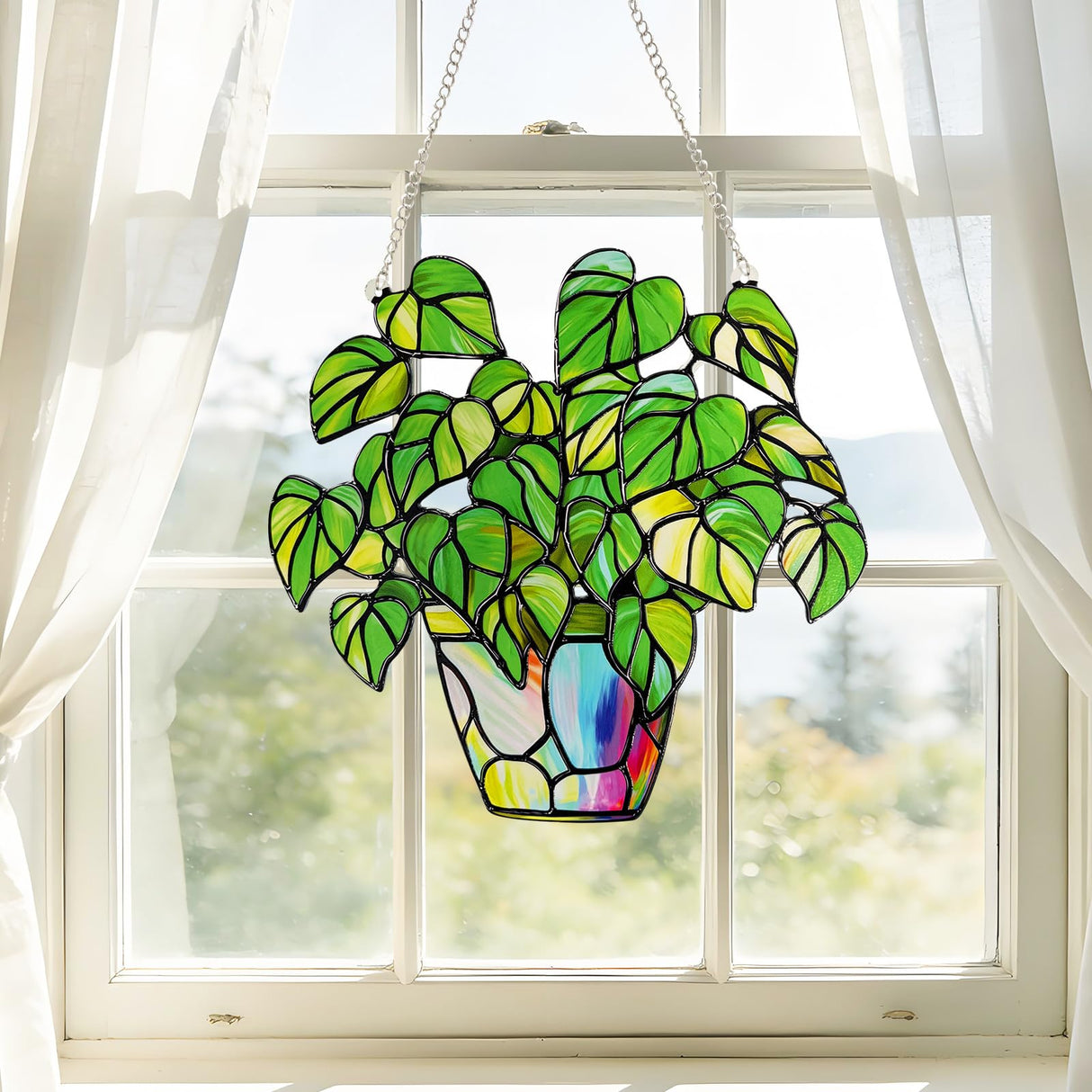 Stained Glass Plant Suncatcher Window Hanging, Marzovitra 10 Inch Real Glass Potted Green Leaves Sun Catcher with Chain Botanical Sun Catcher Window Decor for Home Garden, Plant Lover Gift