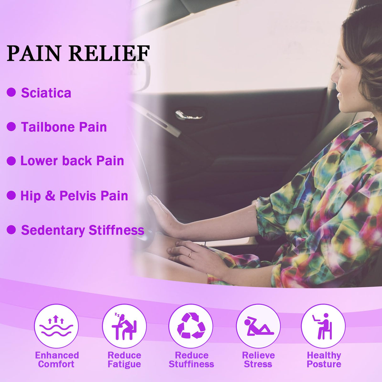 Binsheo Thin Gel Seat Cushion for Car Seat, Office Chair, Wheelchair, Golf Cart - Non-Slip Car Seat Cushions with 1 Inch Gel - Sciatica & Coccyx Pain Relief (Fabric, Black)