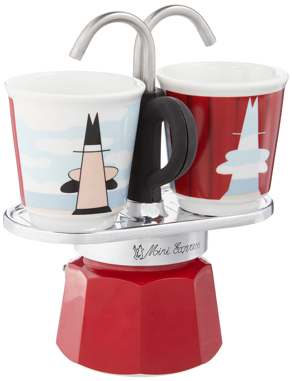 Bialetti - Mini Express Magritte: Moka Set includes Coffee Maker 2-Cup (2.8 Oz) + 2 shot glasses, Red, Aluminium
