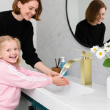 LUFG Bathroom Faucets Brushed Gold Waterfall Bathroom Sink Faucet Modern Single Handle Bathroom Faucet for 1 or 3 Hole Mxier Tap Washbasin Faucet with Deck, Pop-up Drain and Supply Hoses