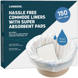 Lunderg Commode Liners with Absorbent Pads - Value Pack Medical Grade 150 Count Universal Fit - Disposable Bedside Commode Liners & Pads for Adult Chairs, Portable Potty Buckets & Camping Toilet Bags