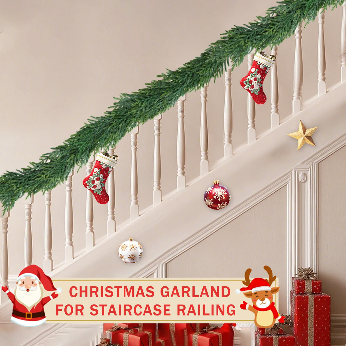 Christmas Cedar Garland for Staircase Real Touch Droopy Bendable Lifelike Faux Xmas Garlands for Decoration Christmas Green Pine Mantle Garland Thanksgiving Table Decorations Outdoor Indoor