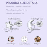 FACOKO 2 Pairs Flat Back Earrings for Women, Silver Star and Moon Earring, Titanium Screwback Studs, Hypoallergenic Silver Cartilage Stud for Sensitive Ears