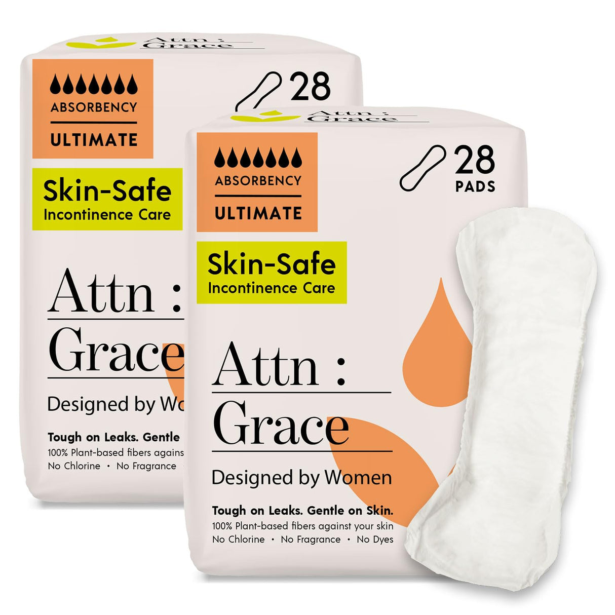 Attn: Grace Ultimate Incontinence Pads for Women, 2-Pack Adult (56 Total, 28/Pack) - High Absorbency, Breathable, Plant-Based - Overnight Pads for Heavy Bladder Leaks & Sensitive Skin