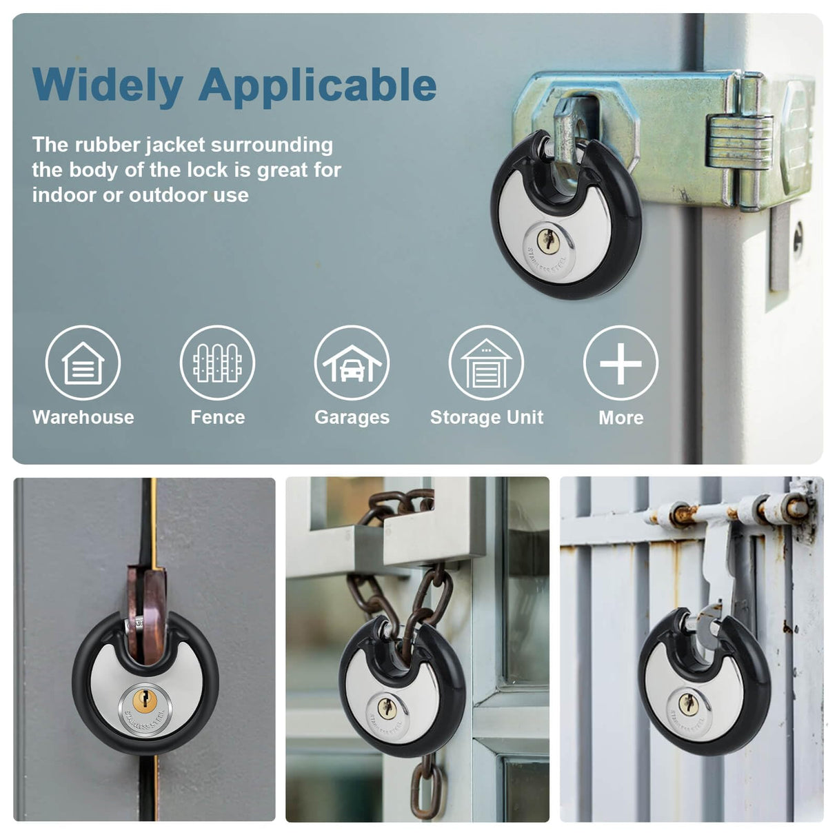 DAYGOS Heavy Duty Padlock with 8 Keys, 70mm Disc Keyed Lock for Storage Shed, Garage, Storage Lockers, Sliding Doors, Tool Box, and Cabinets (4 Pack Keyed-Alike, 3/8-Inch Shackle, Rubber Bumper)
