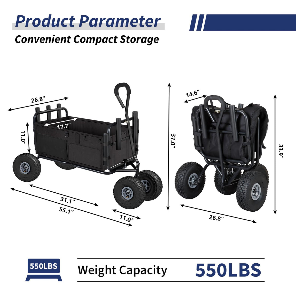 Polar Aurora Fishing Cart Beach Cart Collapsible Wagon w/11'' All-Terrain Wheels for Sand, Heavy Duty Garden Cart with Rod Holders,Umbrella Holder and Storage Pockets, 550lb Large Capacity