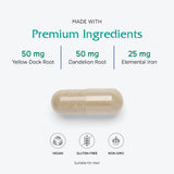 Vitanica Iron Extra, Iron Supplement Enhanced Absorption with Vitamin C 500mg, Methylfolate 400mcg, B12 Vitamin 500mcg, Calcium, Yellow Dock, Dandelion Root & Nettle Leaf Extract, Vegan, 60 Capsules