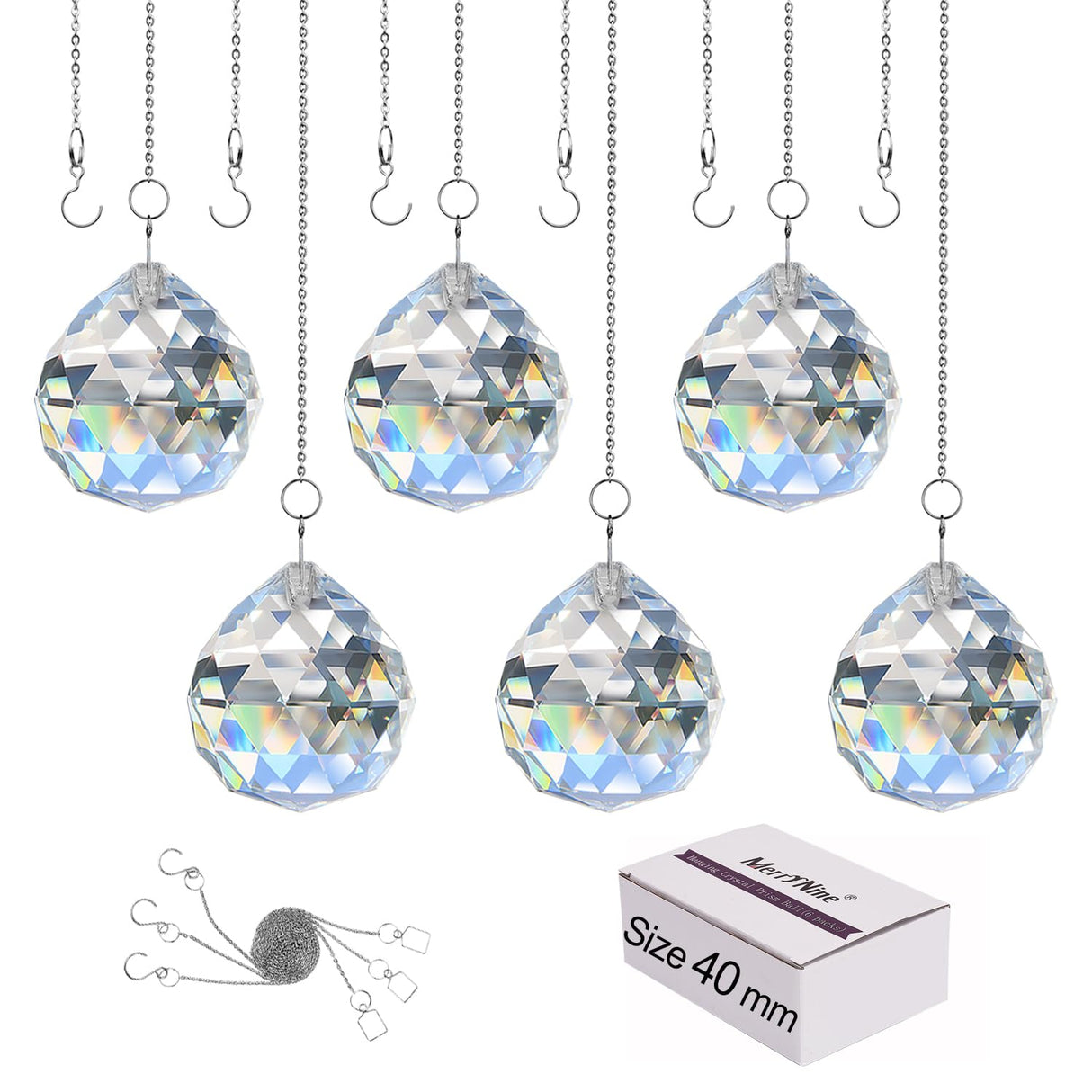 MerryNine 6 Pcs 40mm Clear Crystal Ball Prism Sun Shine Catcher Rainbow Pendants Maker, Hanging Crystals Prisms for Windows, for Feng Shui, for Gift (1.6"/40mm 6Pack)