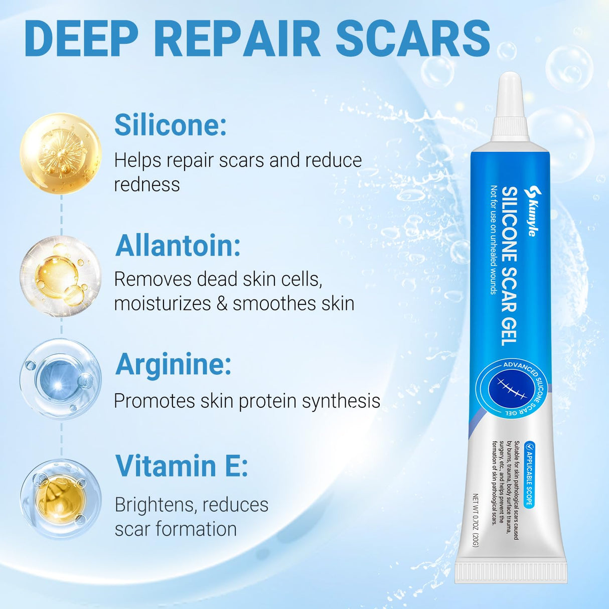 Kunyle Silicone Scar Gel, Scar Cream, Advanced Scar Gel for Surgical Scars, Stretch Marks, Keloid Bump Removal, Old and New Scars 0.70oz (20g)