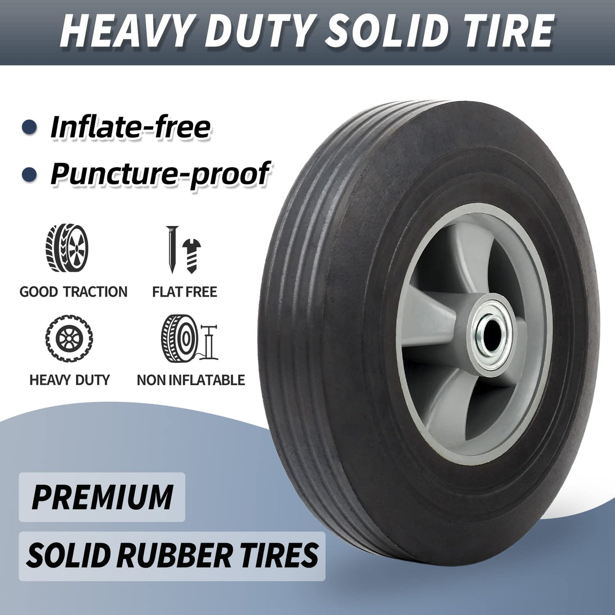 GICOOL 10" x 2.5" Flat-Free Solid Rubber Tire and Wheel 5/8" Axle Bore Hole, 2 1/4" Offset Hub, Replacement 4.10/3.50-4" for Hand Truck Dolly Trolley Garden Wagon Cart Generator, 2 Pack