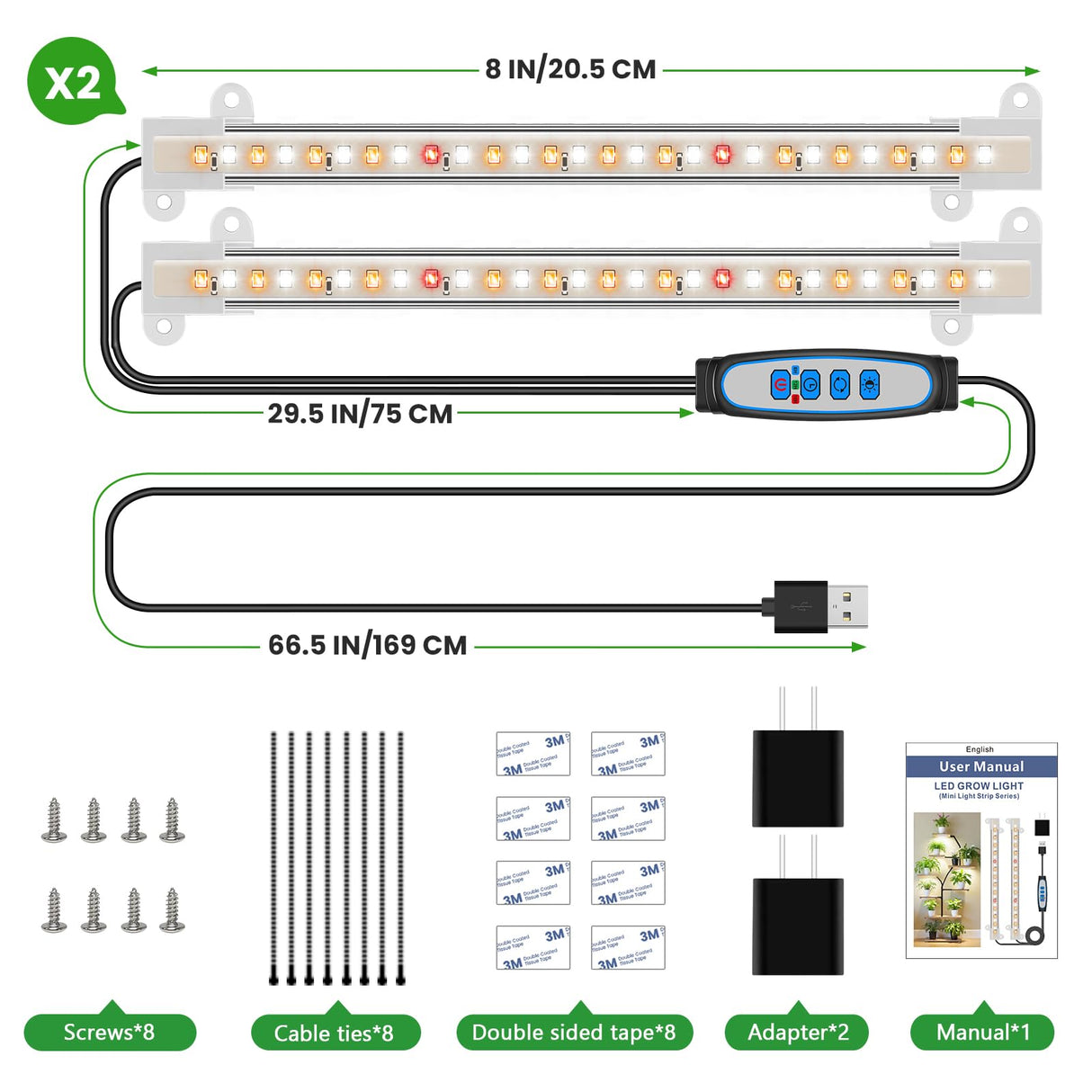 Wiaxulay 8 inches Grow Lights for Indoor Plants, 112 LEDs Full Spectrum Grow Light Strip, Under Cabinet Grow Lamp with Auto Timer 6/12/16 Hrs, 3 Lighting Mode, Ideal for Plant Stand, Shelf, 2 Pack