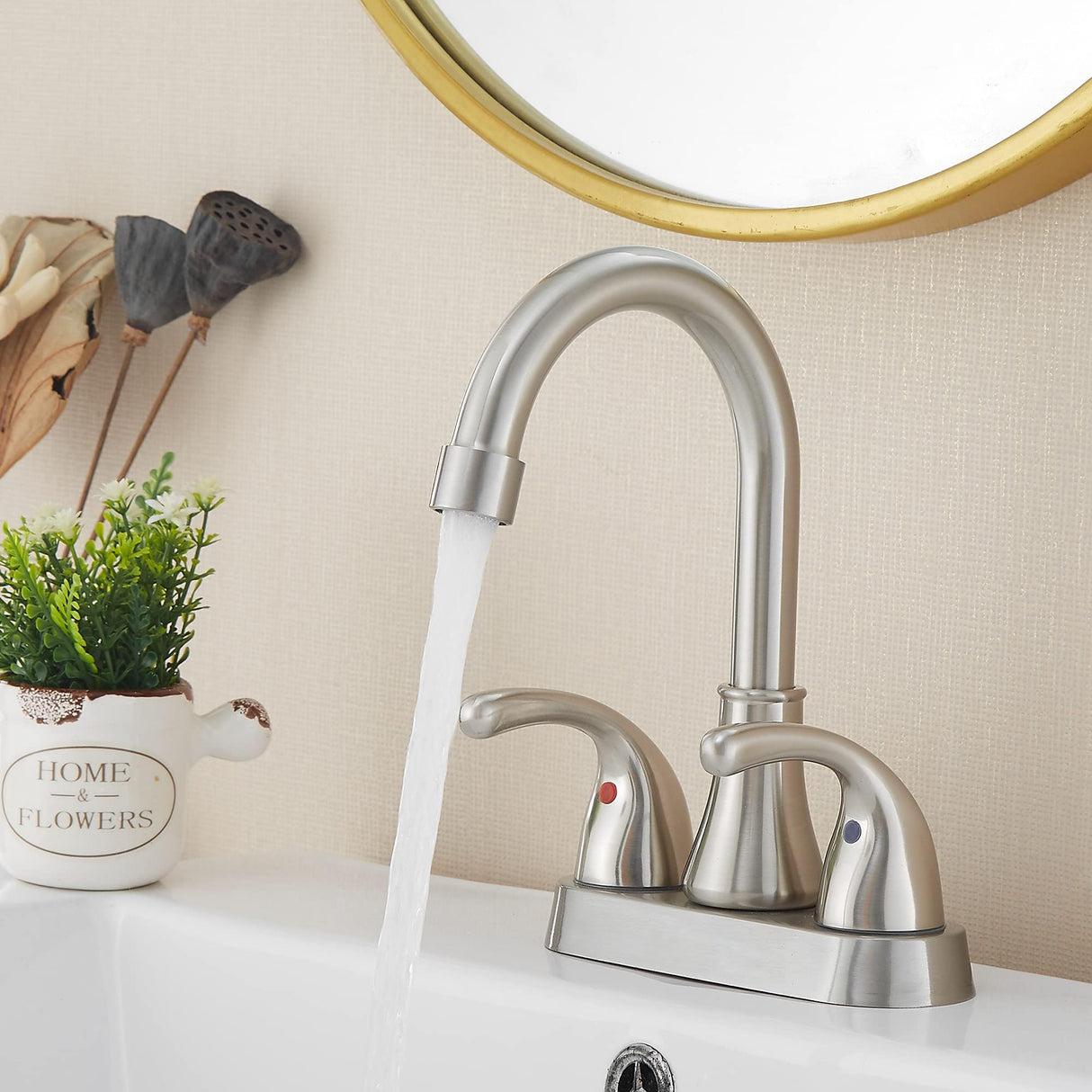 Brushed Nickel Bathroom Sink Faucet 4 Inch Faucet 2 Handle with Pop-up Drain Stopper and Supply Hoses(Set of 2)