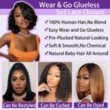 Bob Wig Human Hair Glueless Wigs Human Hair Pre Plucked Pre Cut Body Wave 5x5 HD Transparent Closure Wigs 180% Density 100% Brazilian Virgin Hair Short Wigs for Black Women (10 inch)