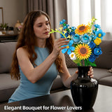 Blue Rose Flowers Valentines Gifts - Bouquet Building Set Compatible with Lego Flowers for Adults Women, Van Gogh's Starry Night and Sunflowers Style, Christmas Mother's Day Home Decor