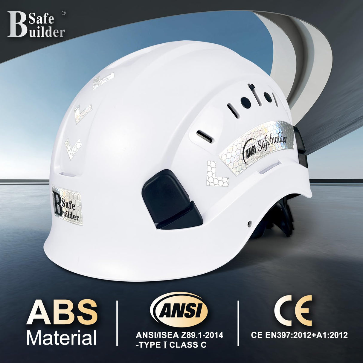 SAFEBUILDER ABS Work-at-Height and Rescue Hard Hat Construction Safety Helmet Slotted Ventilated w/Adjustable Ratchet 6-Point Suspension ANSI Z89.1-14 (01-White Safety Helmet)